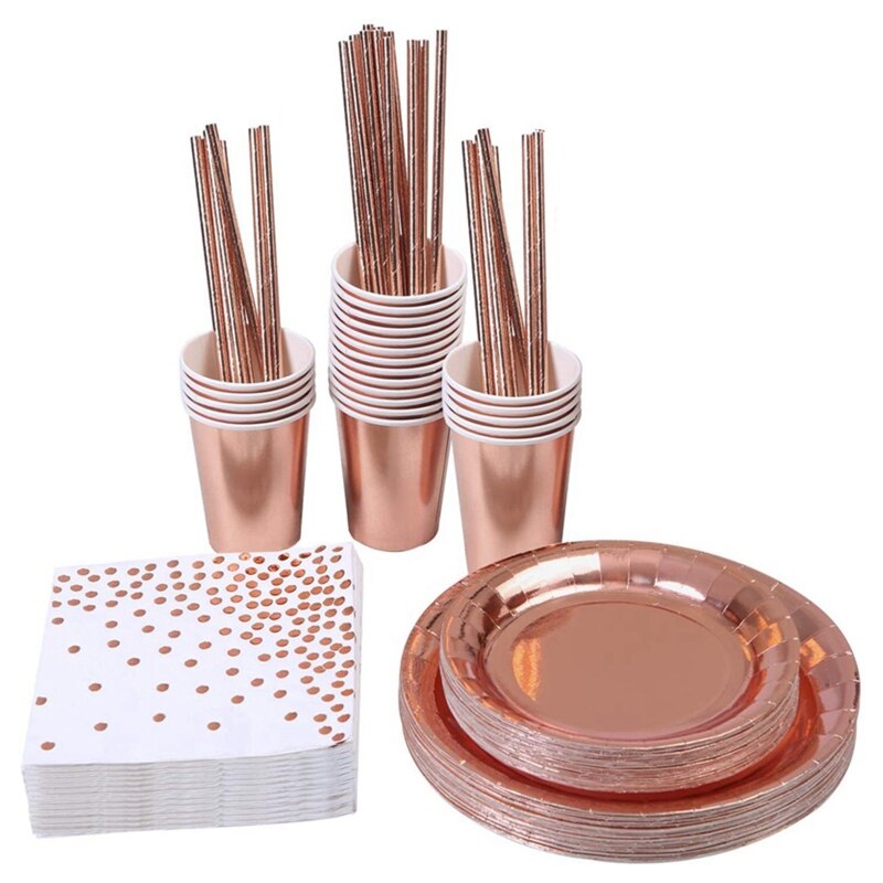 146Pcs Rose Goud Folie Papieren Borden Servetten Cup Rietjes Set Bruiloft Feestartikelen