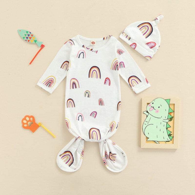 2 Stuks Pasgeboren Regenboog Print Outfits, Baby Tie-Up Lange Mouwen Ronde Hals Slapen Zak + Beanie