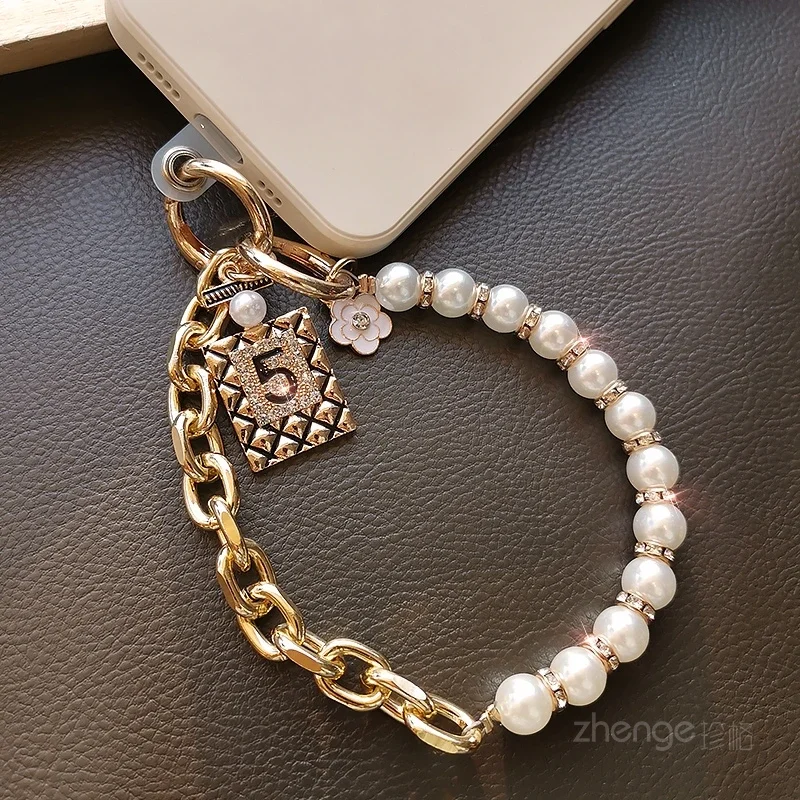 Lanyard voor mobiele telefoon Parelketting nr. 5-hangende tagarmband, korte polsband, kleine tag, metalen clip, telefoonhoes, universele riem