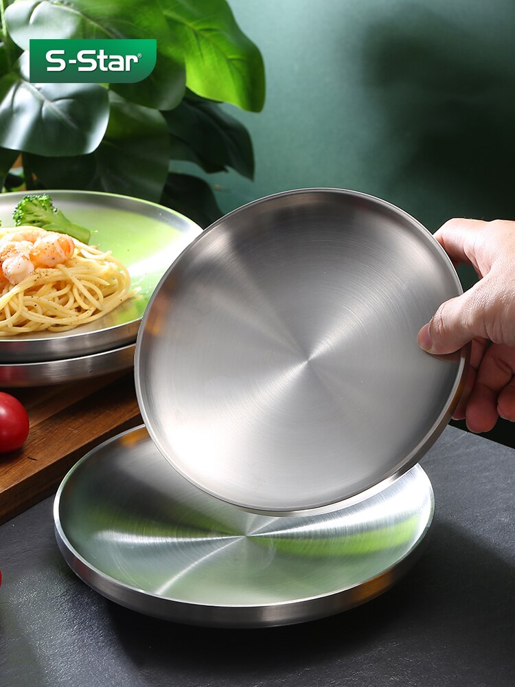 Sstar304 Stainless Steel Steak Dinner Plate Flat Disc Barbecue Nordic Western Food Plate Thickened Insulated Dish Plate