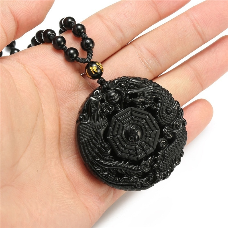 Natural Black Obsidian Dragon Phoenix Pendant Beads Necklace Charm Jewellery Hand-Carved Amulet for Her Women Men