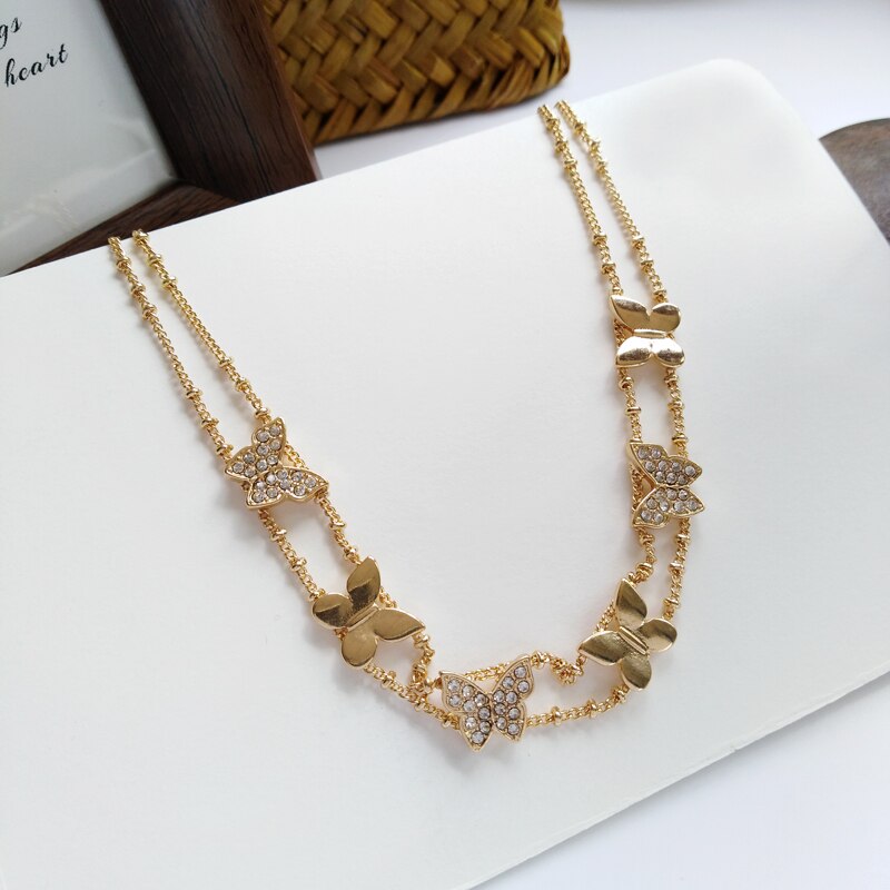 Koreaanse Mode Mooie Double Layer Choker Ketting Mooie Pave Vlinder Delicate Ketting 1071
