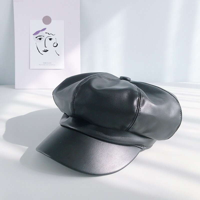 Cuero octogonal cap mujeres invierno otoño cap casual boina Hat niñas artista pintor cap hombre tapa plana: Black