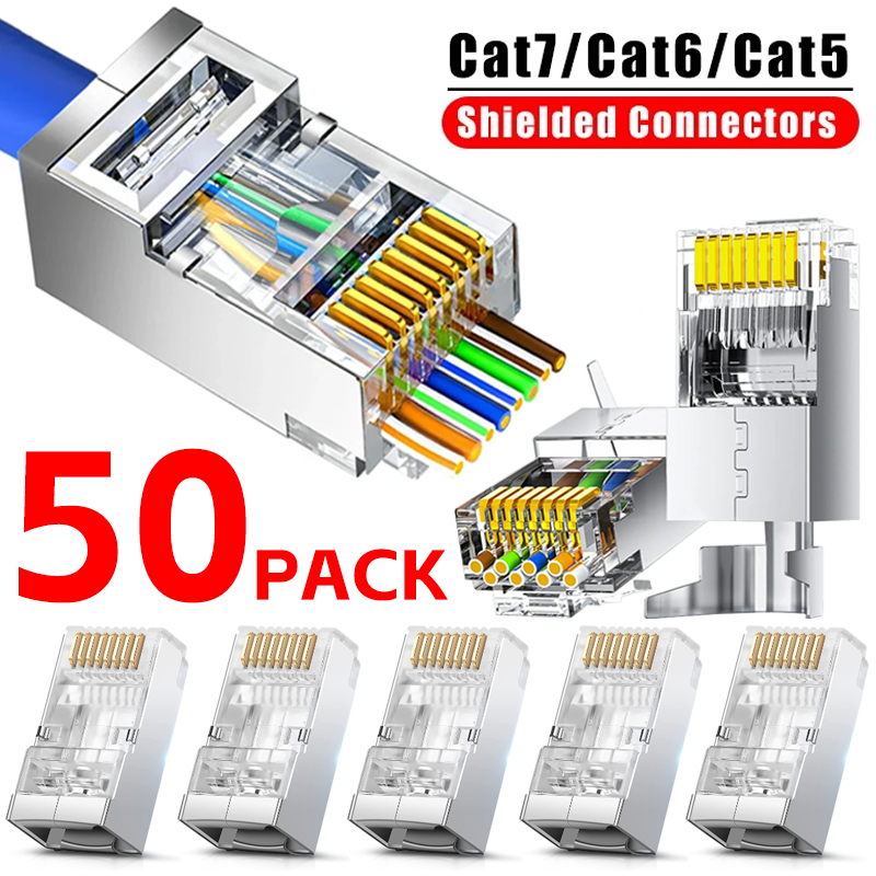 50/1PACK CAT6 CAT7 CAT5 for RJ45 Pass Through Connectors Ethernet Cable Shielded Connectors Ethernet Modular Plug Category 5/6/7
