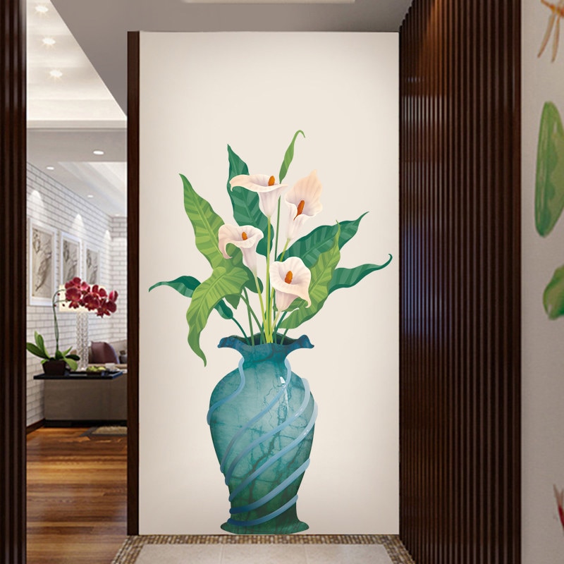 Diy wallstickers hjemmeinnredning calla lily potte blomsterpotte kjøkken vindu glass bad stue dekaler vanntett