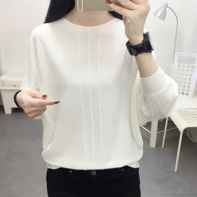 Herfst Winter Elegante Mode Effen Eenvoudige Trui Dames Batwing Mouw Losse Casual Wild Breien Trui Top Vrouwen Jumper: M / WHITE