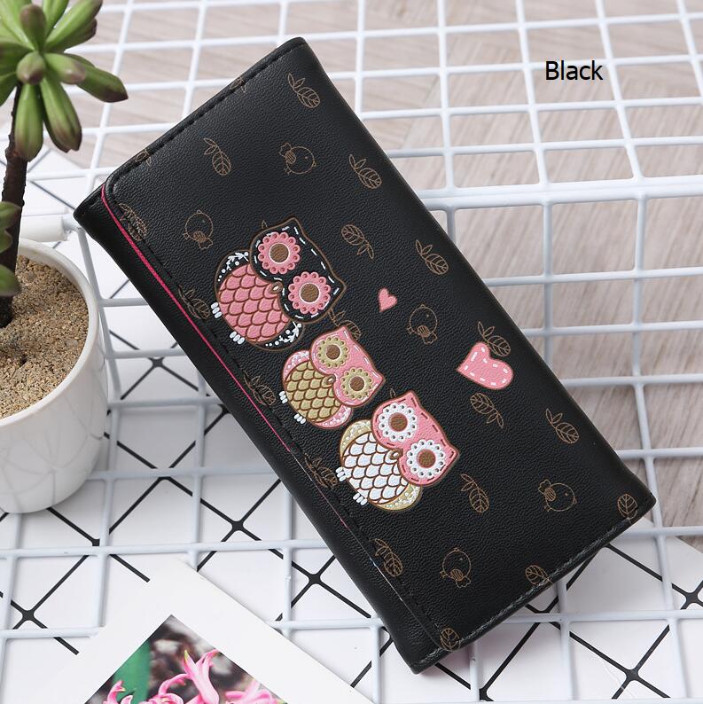 Women Wallets Cute Owl Lady Coin Purse Parent-child Style MoneyBags Clutch Cartoon Wallet Cards ID Holder Purses Burse Notecase: Long-Black