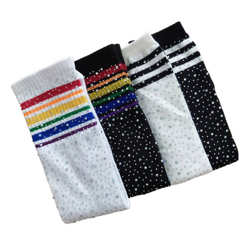 Chaussettes hautes aux genoux pour enfants, nouvelle , chaussettes chaudes à rayures colorées avec strass, décoration, bas pour filles, Tube Long