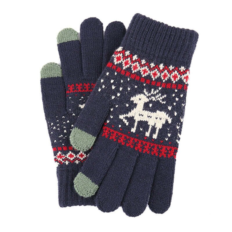 Christmas Elk Printed Knitted Gloves Thicken Warm Winter Touchscreen Glove Women Girls Full Finger Gloves Outdoor Shopping: Navy