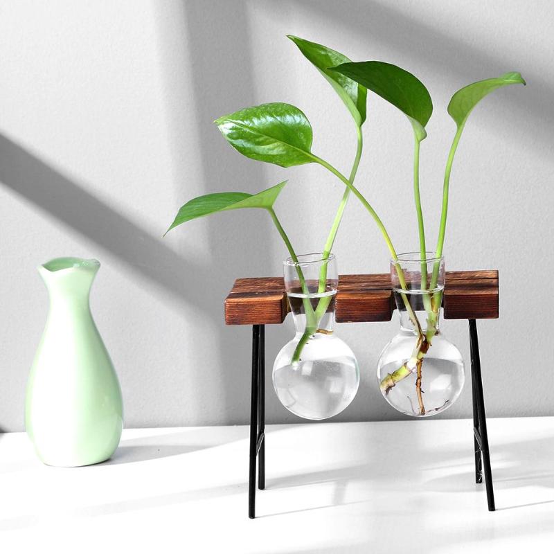 Vktech puinen pidike lasi maljakko pöytä työpöytä hydroponics kasvi bonsai kukkaruukku riippuva terraario maljakot kotitoimiston koristelu: 2 maljakkotyyppiä e