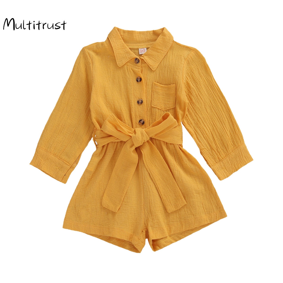Herfst Peuter Kid Meisje Kleding Lange Mouw Romper Een Stuk Revers Hals Knoppen Tie Taille Shorts Jumpsuit Outfit 2-6Y