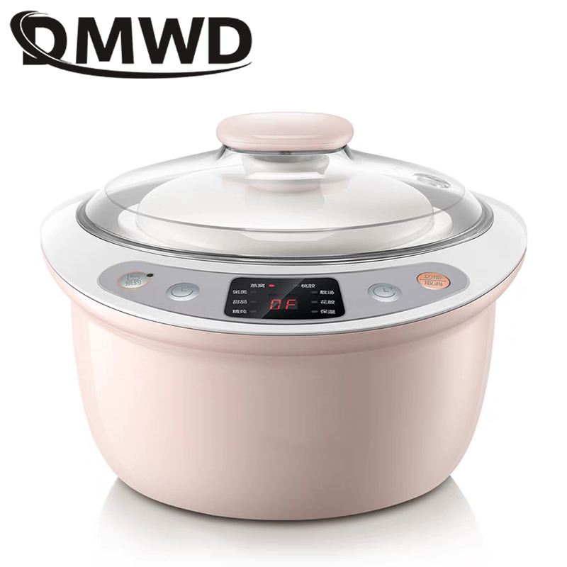 DMWD Intelligent Slow Cookers Electric timing Food Steamer 3 Liner 1.8L Ceramic multifunctional Water Stewing soup Porridge pots
