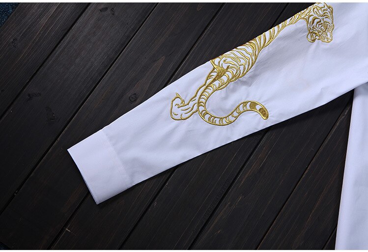 Tiger Luxury Embroidered Mens Dress Plus Size 4XL Hand-painted Long Sleeve 100% Cotton Shirts Man