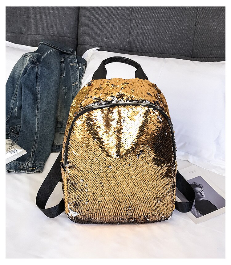 Feminino senhora lantejoulas mochila meninas escola mochila bolsa de ombro de viagem: Ouro / Dourado