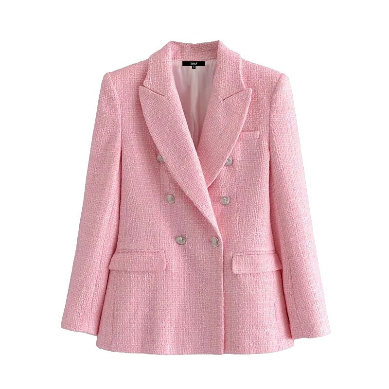 TRAF Women Double Breasted Tweed Check Blazer Coat Vintage Long Sleeve Pockets Female Outerwear Chic Veste: L