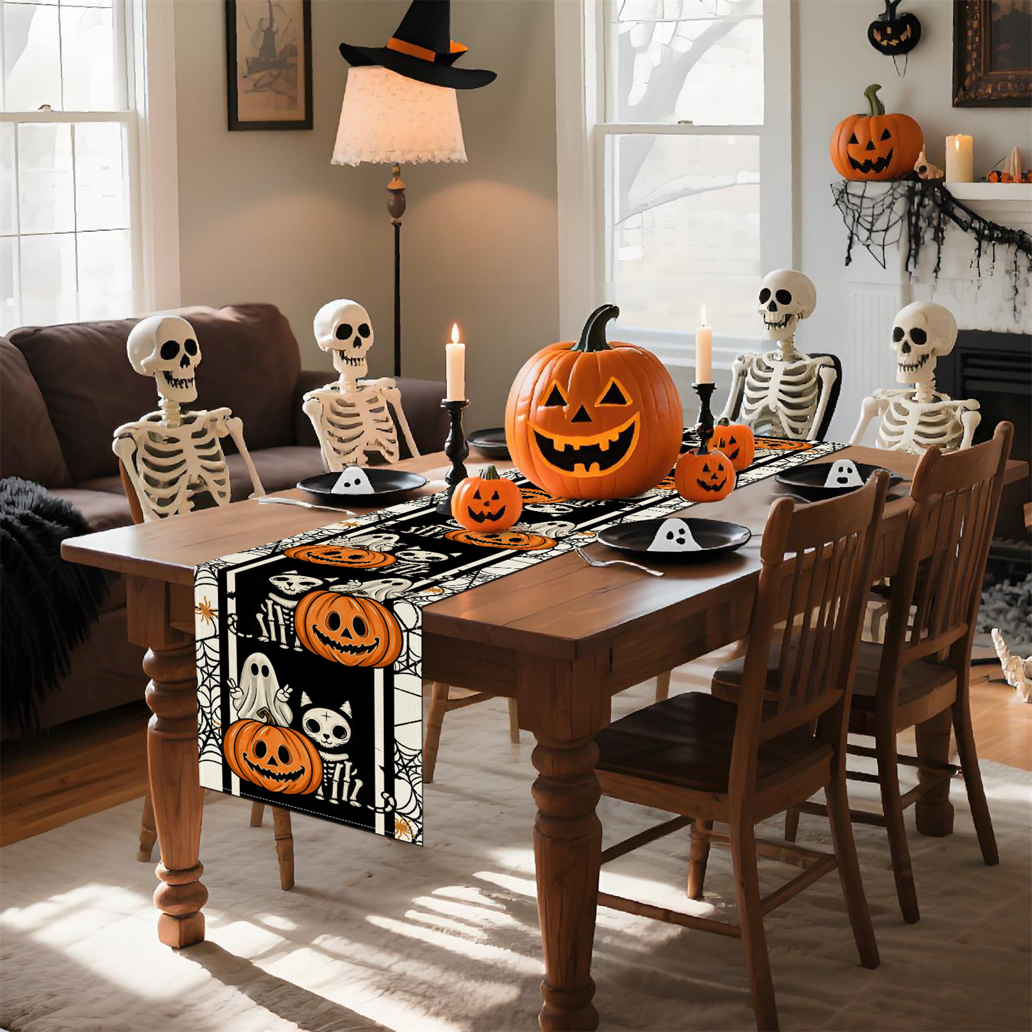 1pc halloween bordlöpare läskig pumpa katt spindelnät i orange svartvitt polyestertyg för köksmatbord