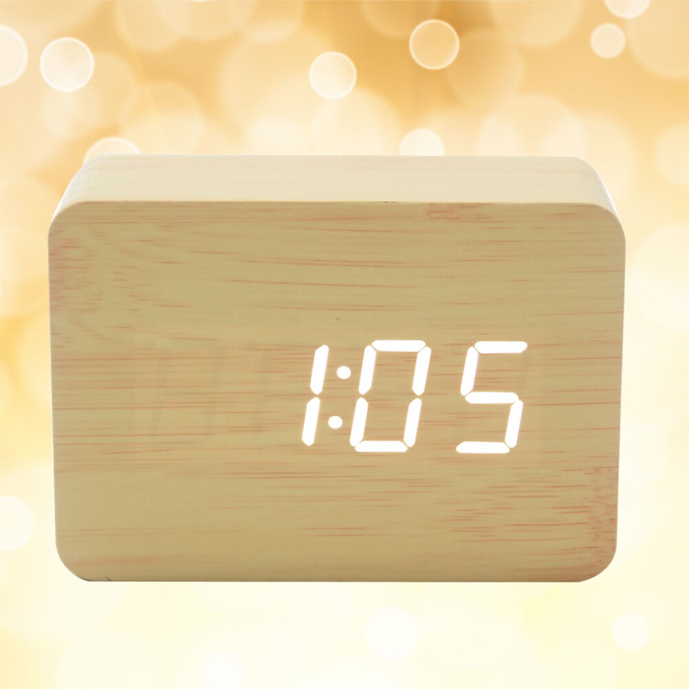 LED Electronic Wooden Clock Alarm Clock Table Clock for Home Office ( Yellow White Word) (Battery)