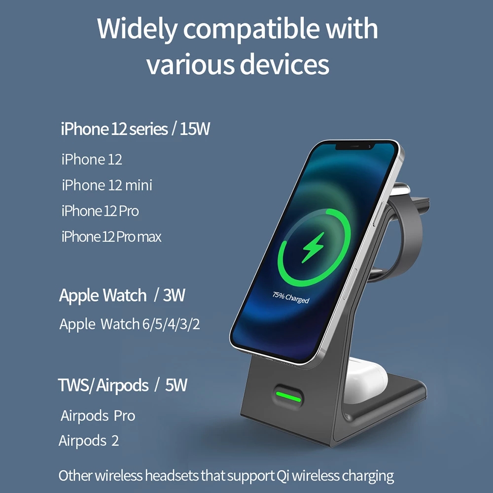 15W Magnetic Wireless Charger Stand 3 in 1 For iPhone 12 13 Pro Max Qi Fast Charging Induction For Apple Watch iWatch AirPods