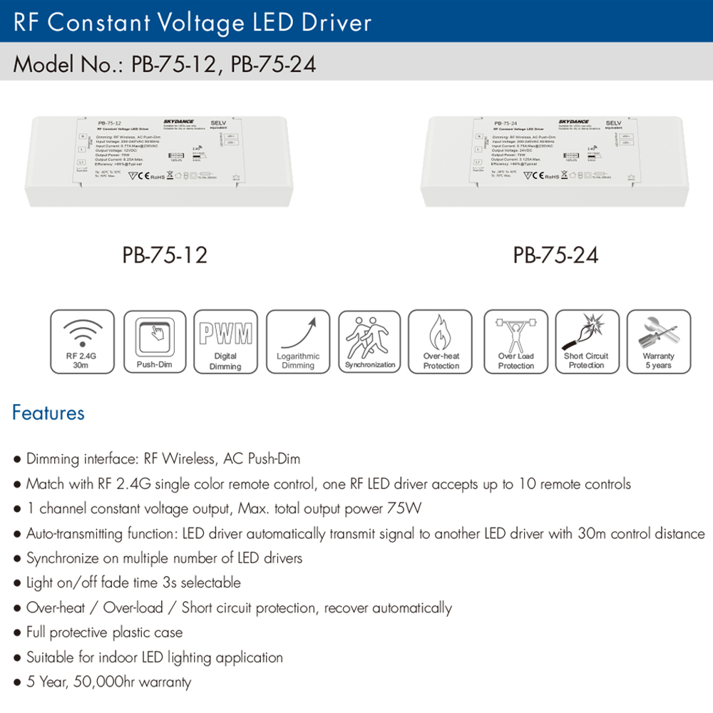 40w 75w rf led-driver med konstant spenning, dimbar, 12v 24v transformator, 2.4g x trådløs fjernkontroll, ensfarget led-stripe