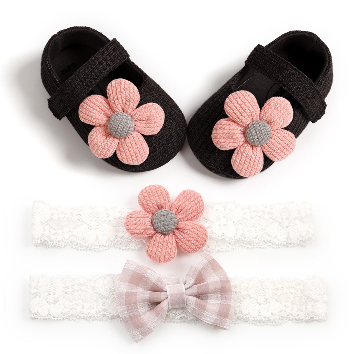 3PCS 0-18M Baby Girl Baptism Shoes and Headband Set Soft Sole Floral Mary Jane Flats and Hairbands for Infant Little Girls