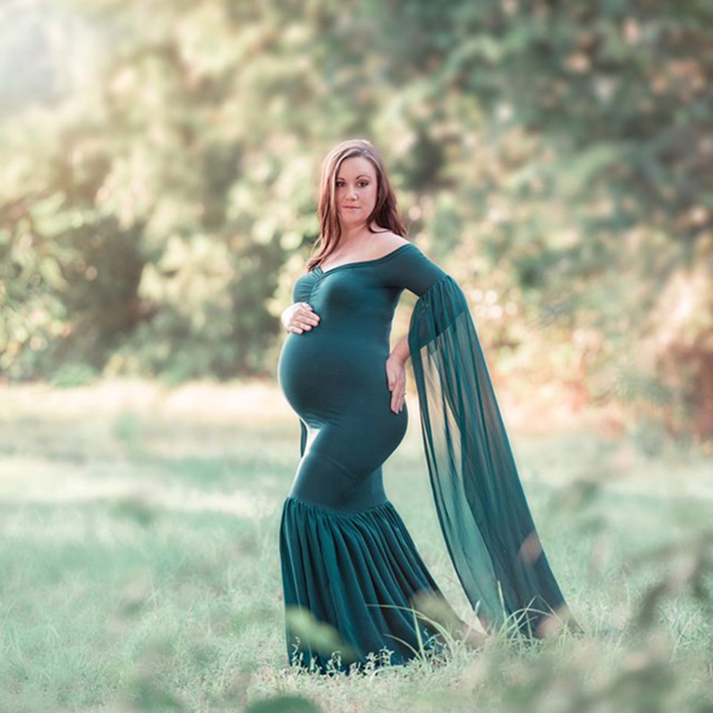 D&J Maternity Dress for Photo Shoot Maxi Maternity Gown Extend Long Sleeves Fancy Women Maternity Photography Props