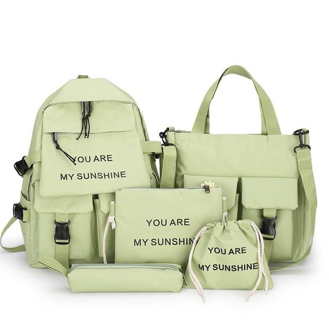 5 Delige Set Kawaii Schooltassen Voor Tienermeisjes Vrouwen Rugzak Canvas Travel Back Pack Student Notebook Bookbags Schooltassen: green