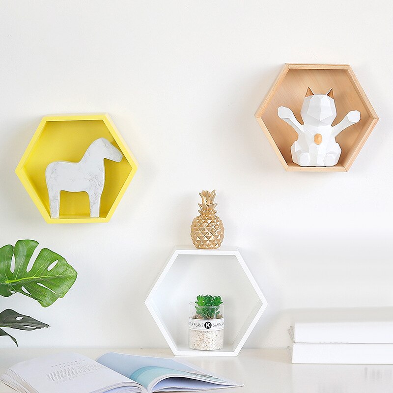 Nordic Hout Hexagon Box Wandplank Nordic Stijl Muur Opslag Plank Rack Craft Opbergrek Kamer DIY Muur Decor Houder