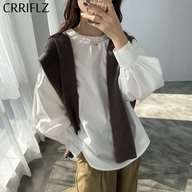 Manera de la linterna de La Manga primavera blusa camisas casuales de las mujeres O cuello suelto Casual Tops blusa nueva liso Simple Camisas de mujer CRRIFLZ