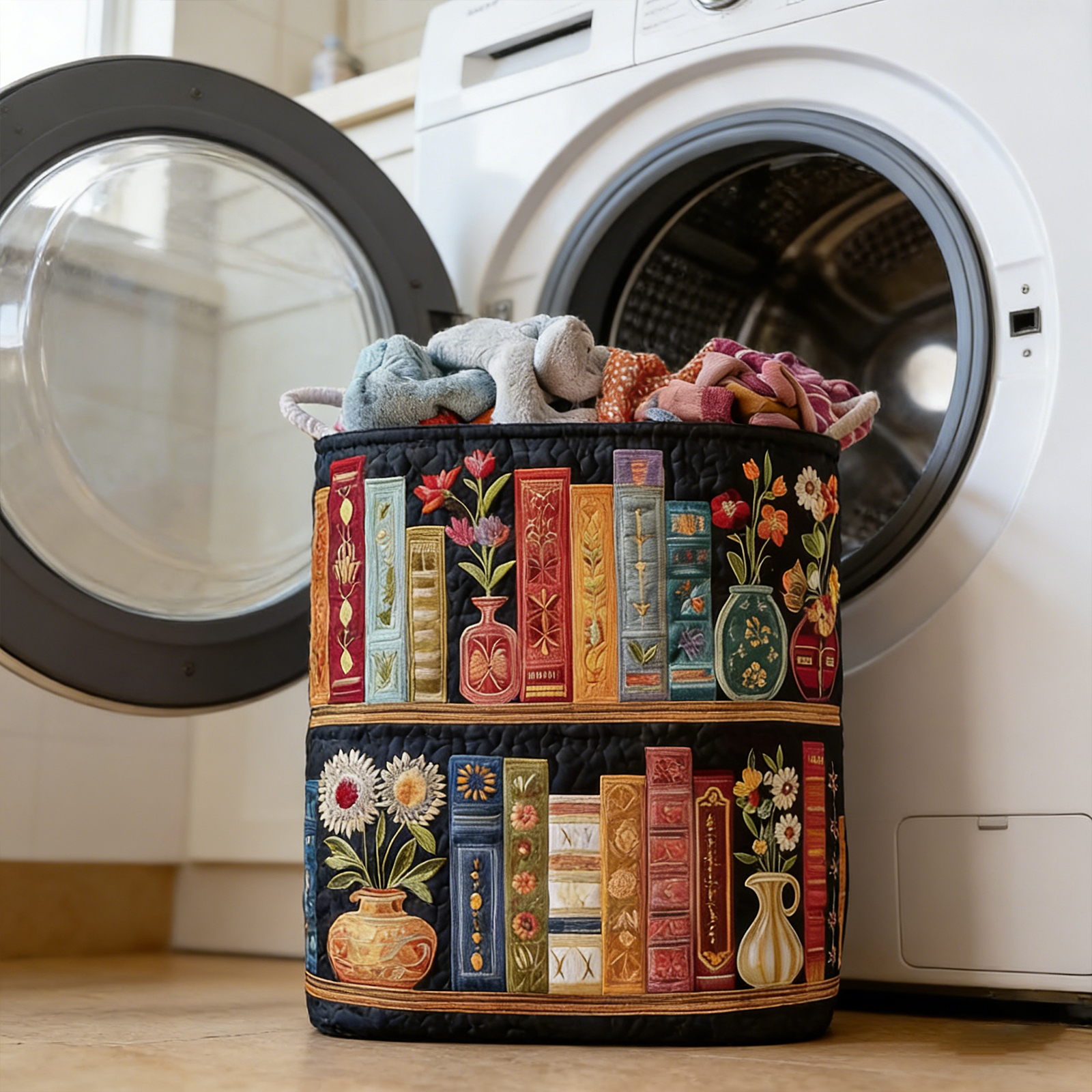Gestikte wasmand met handvat, boho kledingopbergmand, vintage stof, bloemenopbergmand voor kinderkamer en wasruimte