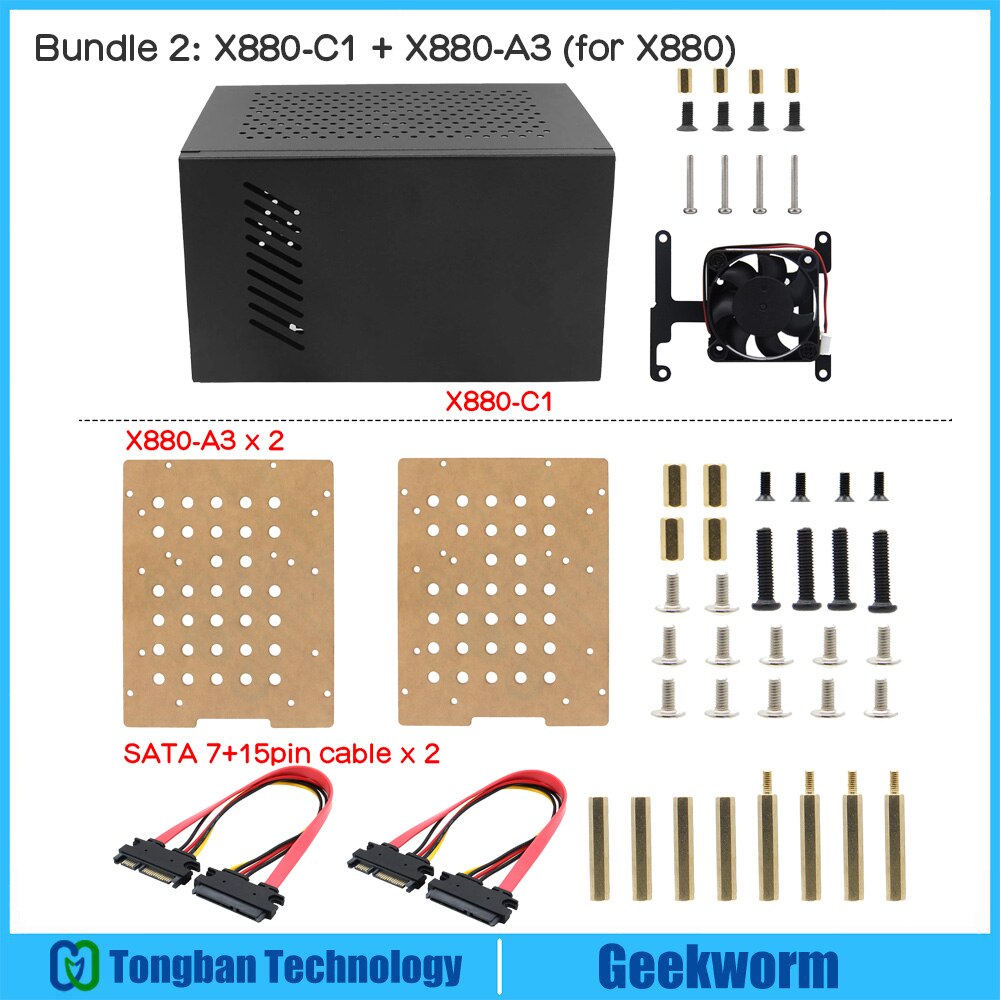 Geekworm – boîtier métallique X880-C1 avec ventilateur de refroidissement pour Raspberry Pi 4 et X880 Dual 2.5 &quot; / 3.5&quot; SATA (RPi &amp; X880 non inclus): Bundle 2