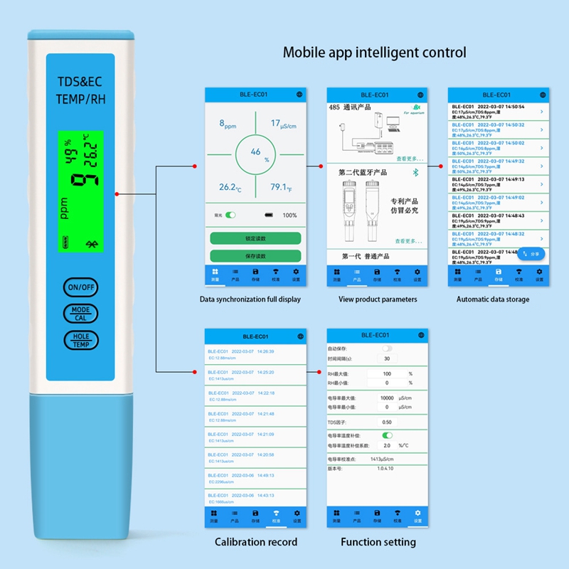 Multifunction Temp Humidity TDS EC Meter Bluetooth Digital Water Tester APP Online Smart Monitor