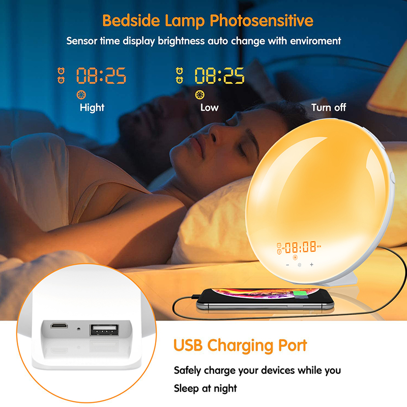 Alarm Clock Wake Up Light Smart Digital Snooze Nature Night Lamp Sunrise Colorful Light Nature Sounds FM Radio 7 Colors Sunrise