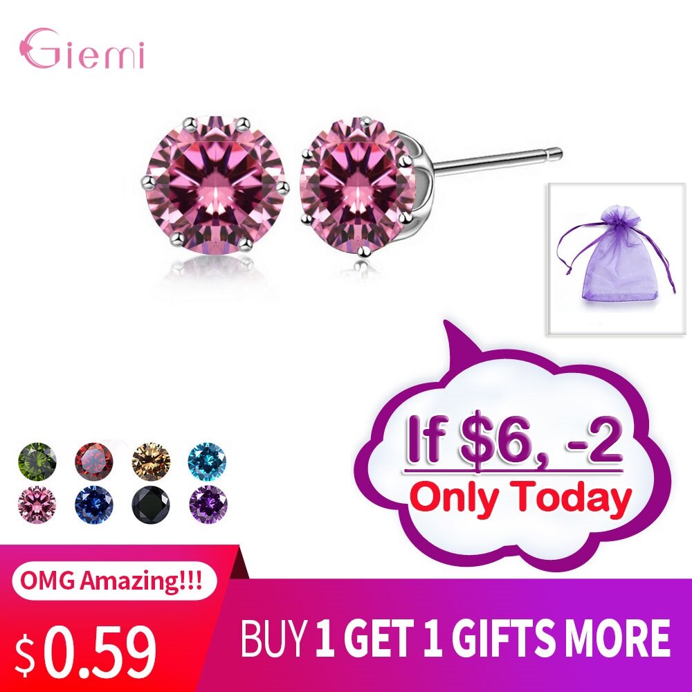 Cubic Zirconia CZ Stone 6MM Jewelry Stud Earrings 925 Sterling Silver Earrings Women 20 Colors: Color8