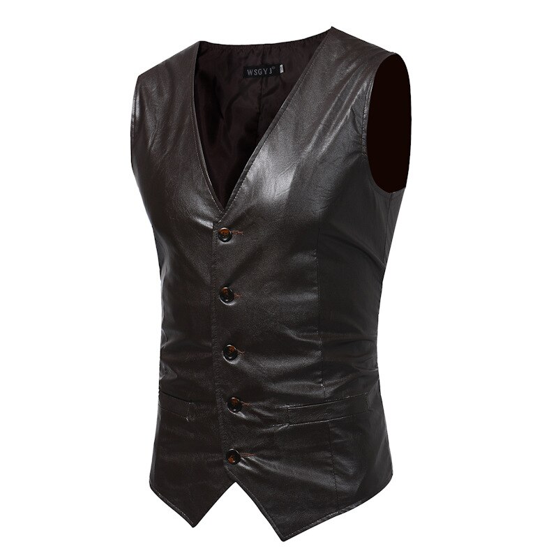 Pu nahka liivit miehille slim fit pu nahka miesten puku liivi miesten liivi gilet homme rento hihaton juhlallinen takki: Tumman ruskea / M