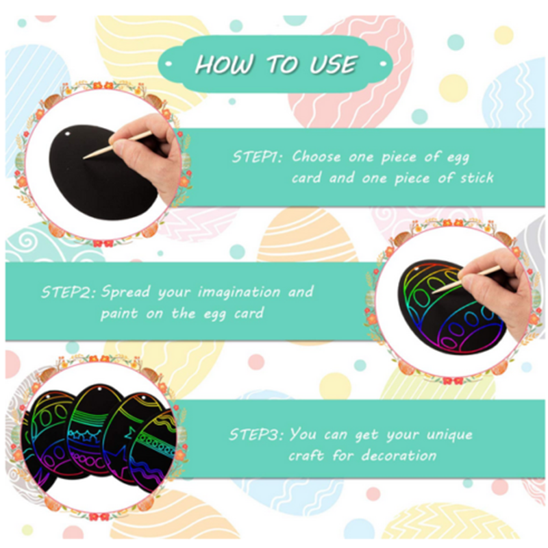 48PCS Easter Eggs Scratch Paper Rainbow Scratch Art 12 Wooden Sticks +48 Ribbons