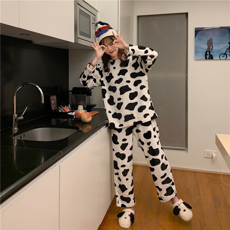 Pyjama dames herfst/winter pluche schattige koeienprint patroon warme lange mouwen pyjama huiskleding set
