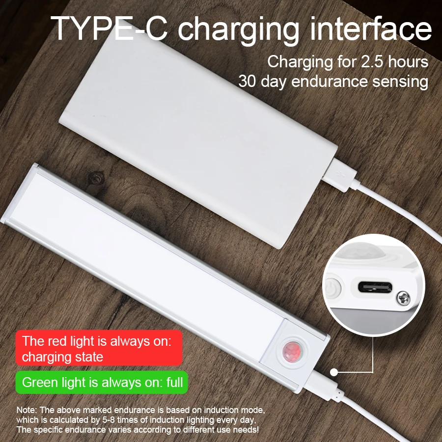 Lampe LED avec capteur de mouvement, Rechargeable par USB type-c, pour armoire de cuisine, éclairage d'armoire, 20cm/30cm/40cm/50cm