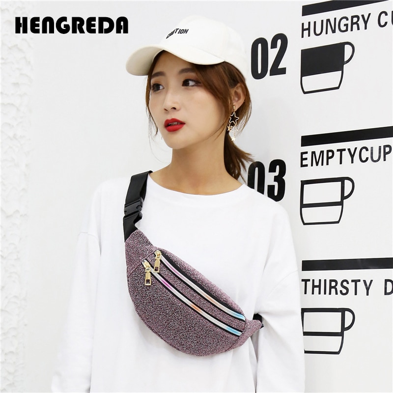 Fanny Pack Women Waist Bag Travel Belt Hip Bum Bag Oxford Pouch Hengreda Shiny Zipper Pocket Purse for Moblie Phone Key