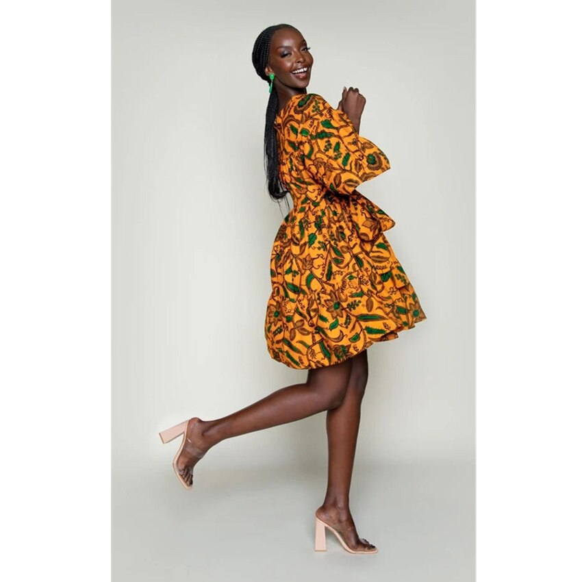 Langarm Kleid Frauen Afrikanische Kleidung Floral Print Dashiki Bazin Kurzen Rock Set mit Gürtel Trompete Hülse Kleider Neue