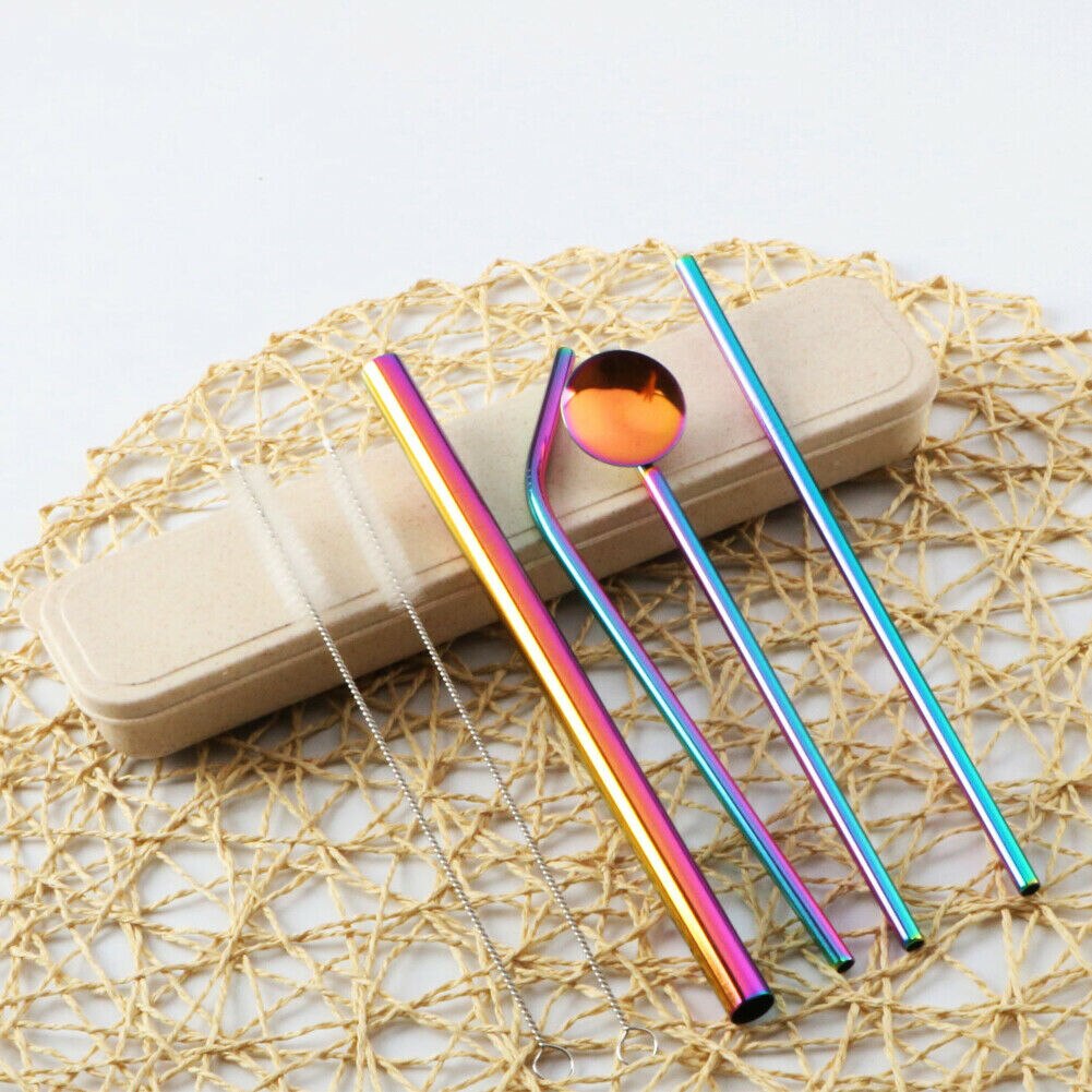 4Pcs Set Reusable Stainless Steel Metal Straw Drinking Straws Washable With 2 Cleaning Brush For Mugs: Colorful