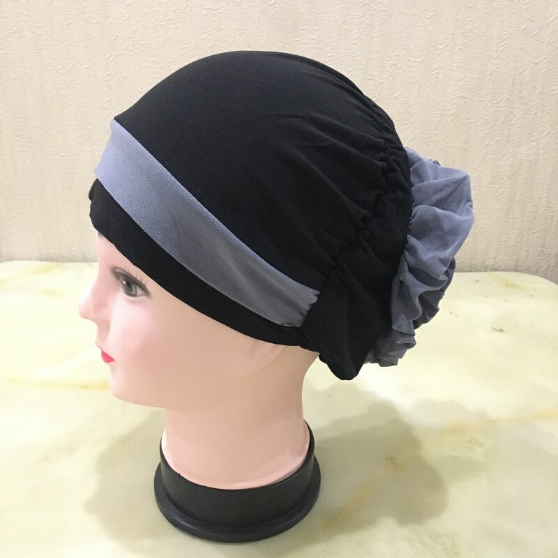 Muslim Woman Casual Headdress Big Flower Headscarf Hat Hair Loss Cap Islamic Baotou Cap Chemo Hat Color Matching Hats Headwear: Black Gray