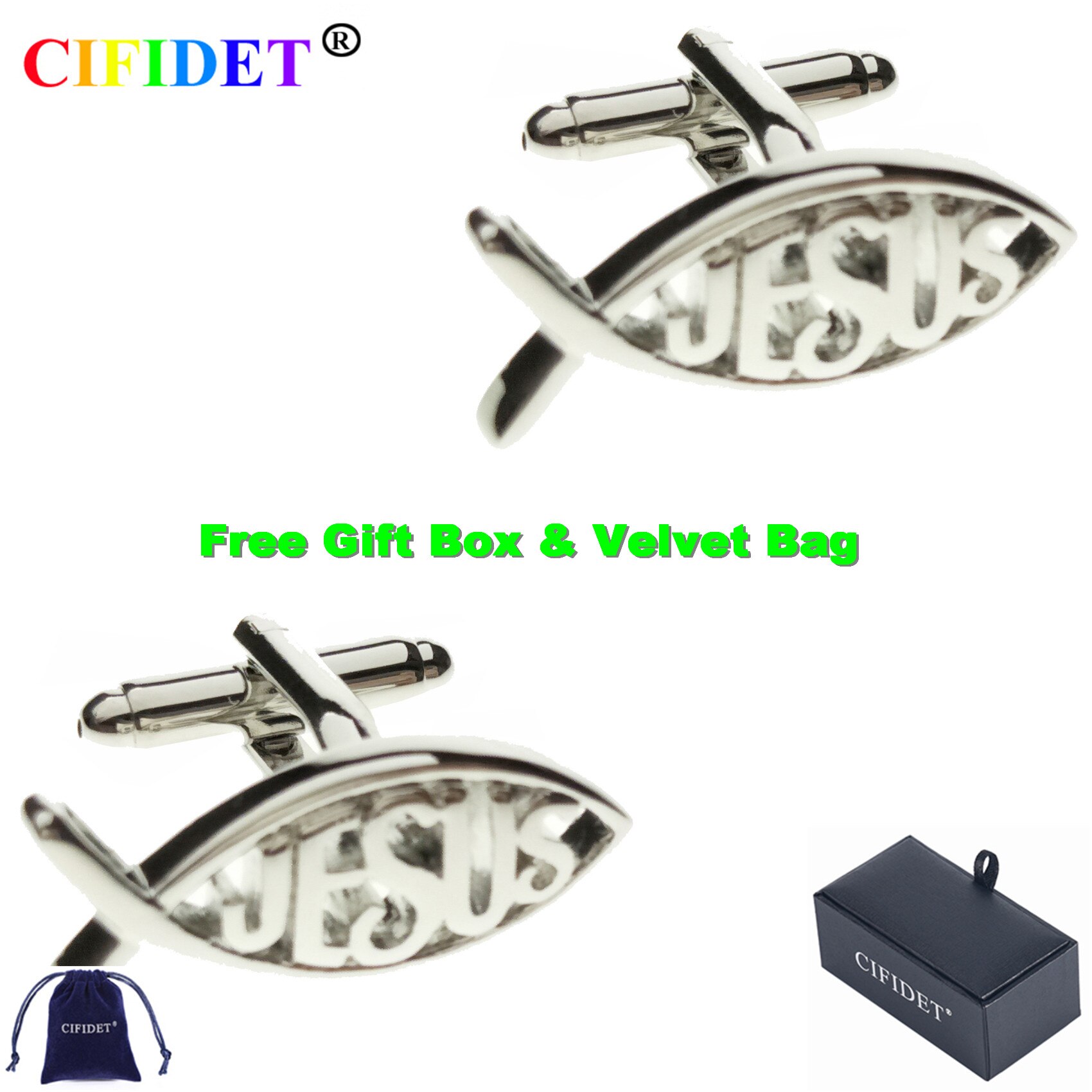 CIFIDET Mens Cufflink Novelty JESUS Cuff Link With Velvet Bag and Box Jewelry Accessories