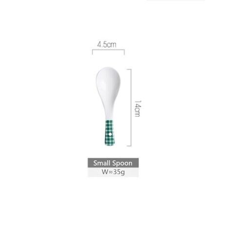 Green plaid series Plate Set Ceramic Kitchen Plate Tableware Set Food Dishes Rice Salad Noodles Bowl Soup Kitchen Cook Tool 1pc: Small Spoon