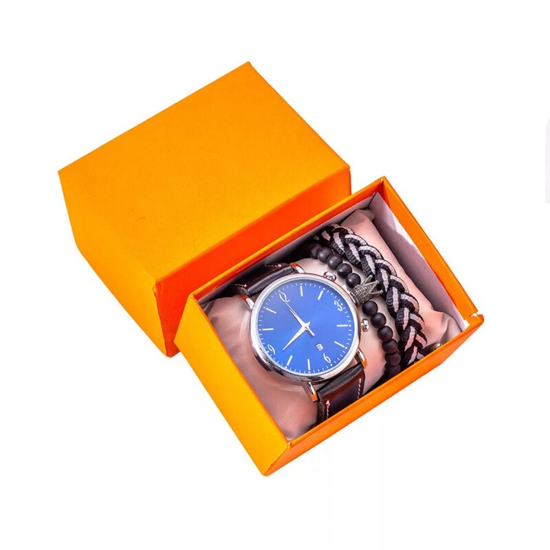 Quartz Horloge Heren Quartz Armband Horloges Set Zwarte Business Sport Band Horloge Set Voor Mannen Met klok Box: Black-blue