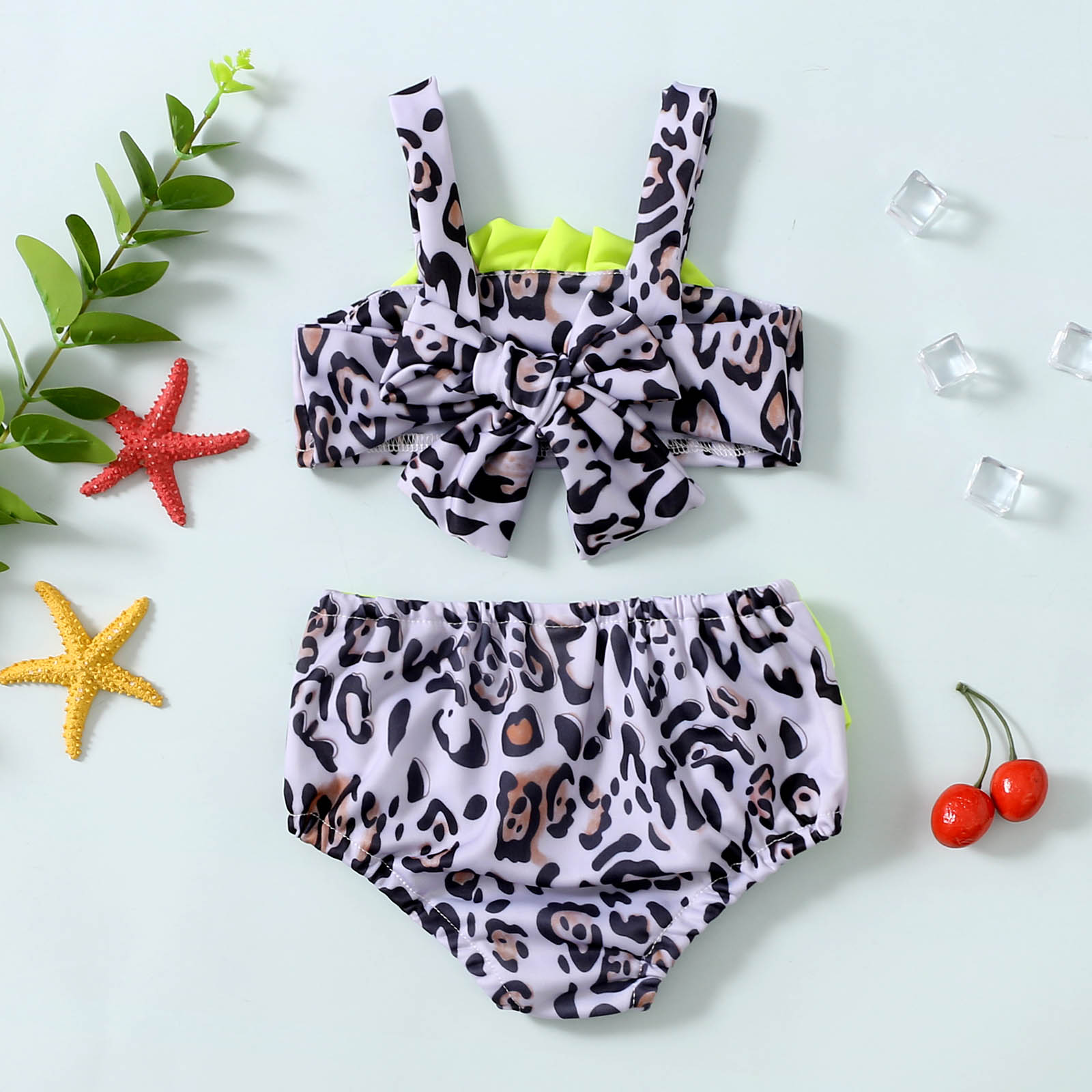 Kids Girl Two-Piece Swimwear Leopard Print Bowknot Bikini Tops+Elastic Waist Bathing Shorts Children Girl Bikinis Set 1-5Years