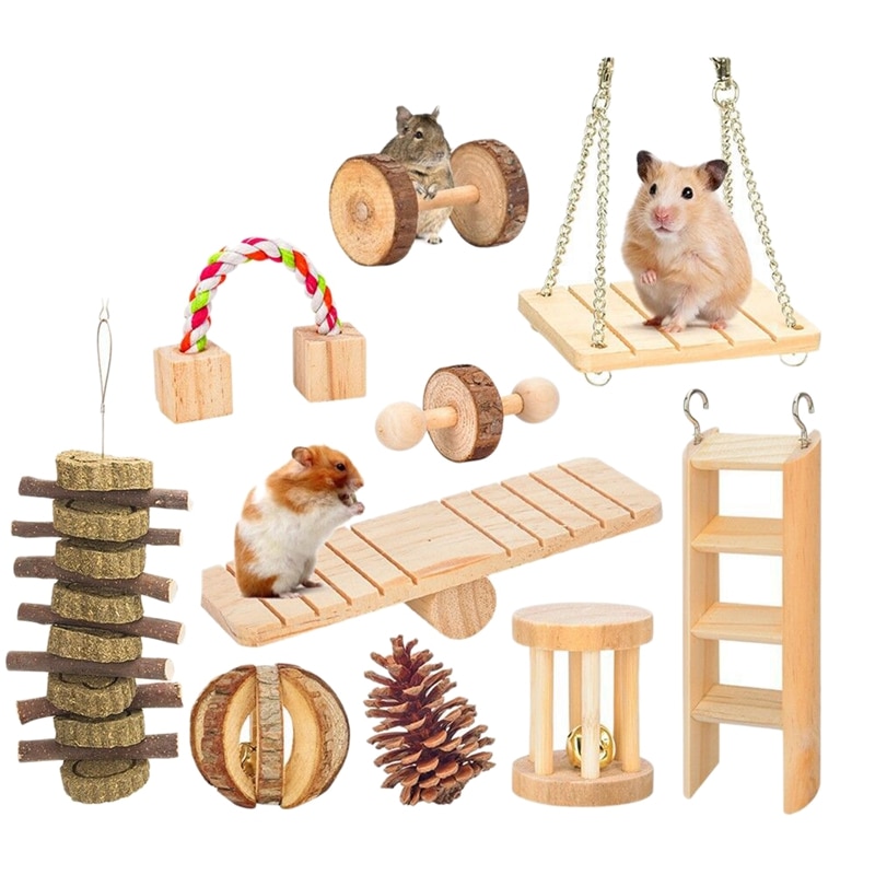 10 Pcs Set Hamster Chew Toys Natural Wooden Gerbils Rats Chinchillas Toys Accessories Dumbbells Exercise Bell Roller Teeth Care: Default Title