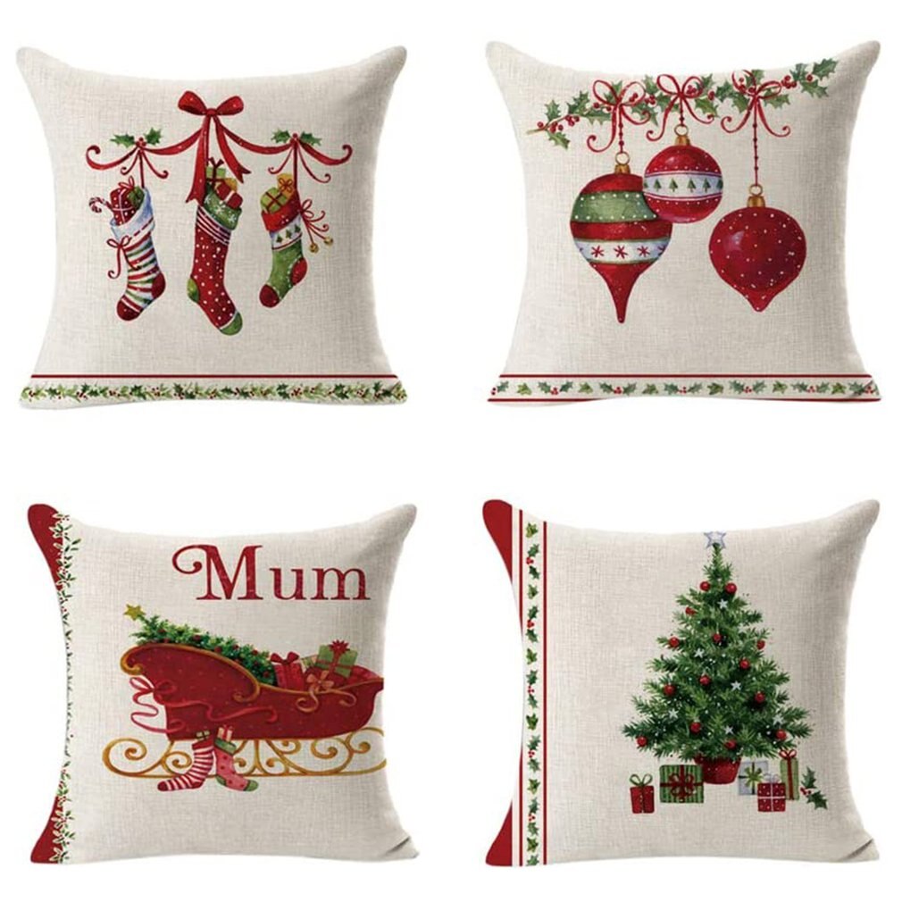 Kerst Kussenhoezen Set Van 4 Katoen Linnen Afdrukken Kussenhoezen Decoratieve Kussenhoes Voor Sofa Kantoor 45X45 cm: 7