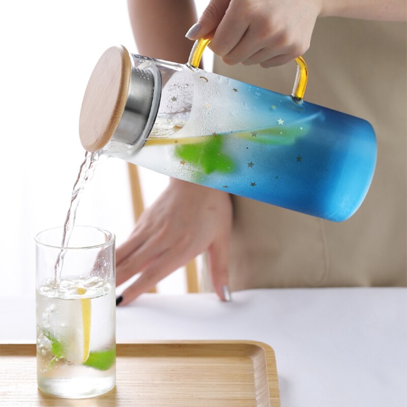 Pichet en verre Pot d'eau résistant à la chaleur cruche d'eau bouilloire couvercle en bambou pour l'eau bouillante thé jus de fruits cruche en verre