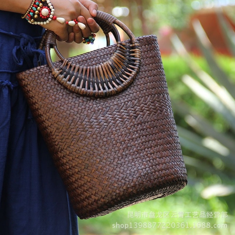 22 Stijl Strozak Rotan Houten Handvat Retro Geweven Zak Emmer Zak Grote Strand Tas
