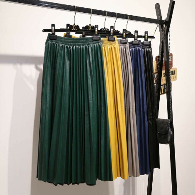 Kvinder højtaljede plisserede pu læder nederdele skater casual maxi nederdel lang  js020